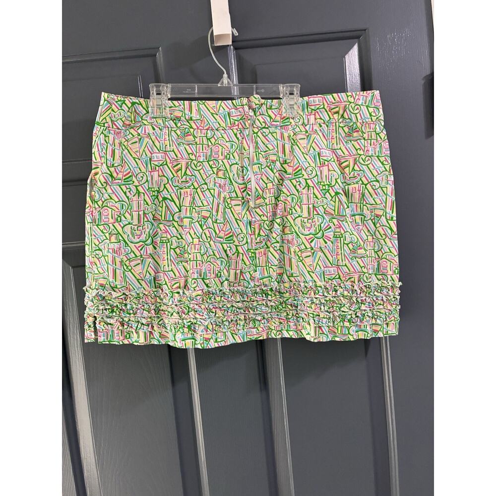 Lilly Pulitzer Green Pink sailboat lighthouse Skirt Size 14 Ruffled trim - Picture 6 of 9
